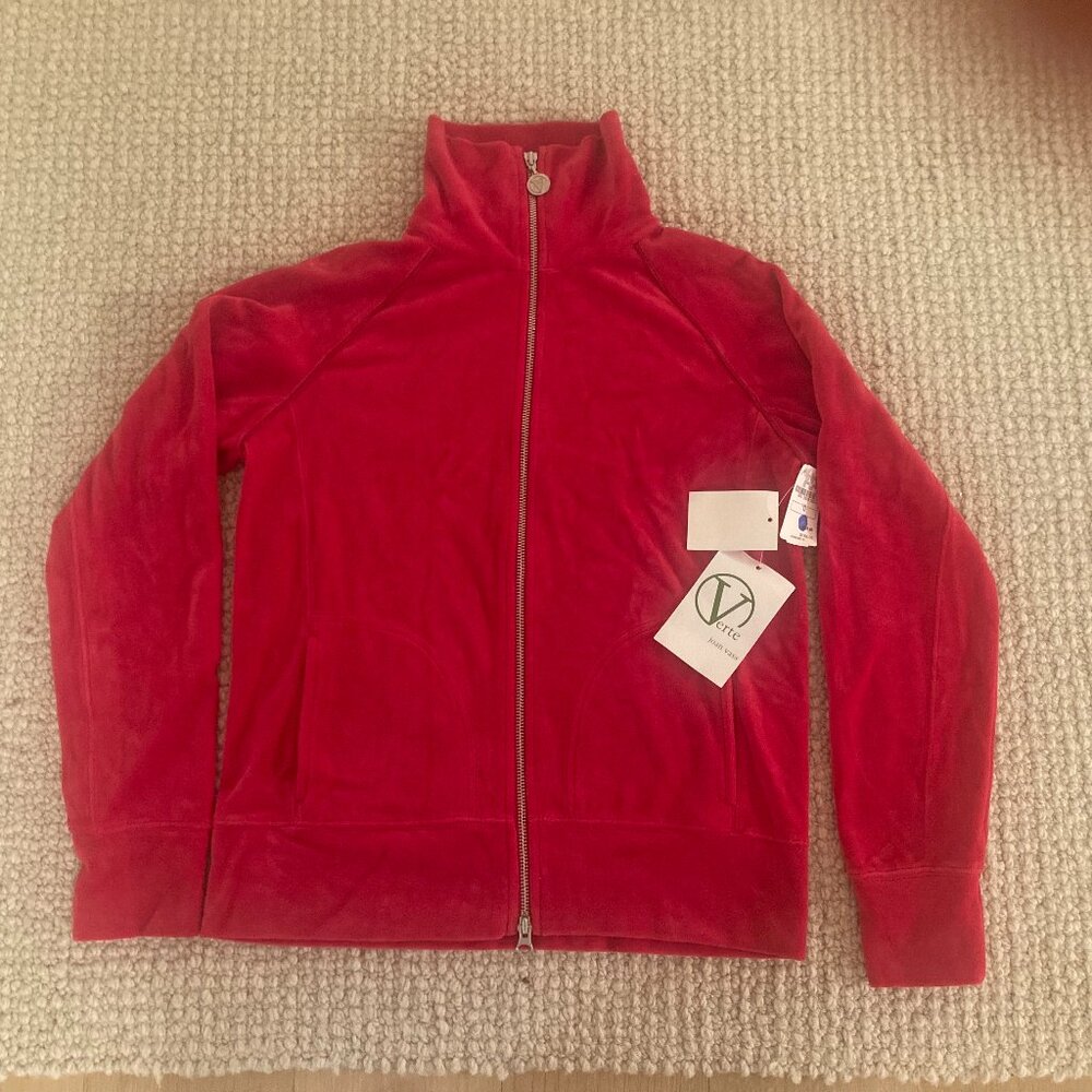Designer (Joan Vass) velour, zipper front activewear jacket.